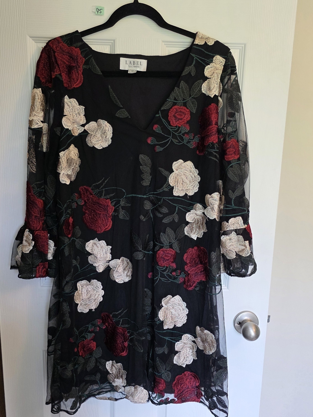 S-Twelve Black V-Neck Long Sleeve Dress with Red & Cream Floral Appliqué